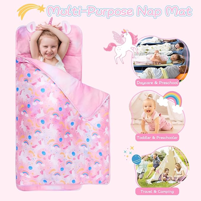 Toddler Nap Mat with Removable Pillow and Blanket Dream Unicorns Kids Sleeping Bag with Pillow Reinforced Stitching Machine-Washable, Soft Nap Mats for Daycare, Travel, Camping 53"x21"