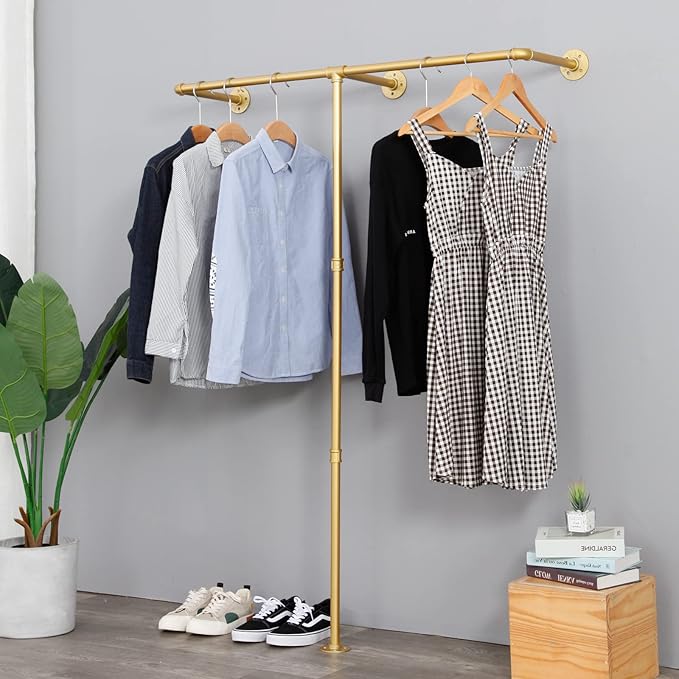 Industrial Pipe Clothes Rack, Heavy Duty Wall Mounted Black Iron Garment Bar,Retail Display Rack Closet Storage Clothes Organizer (47.2, Gold)