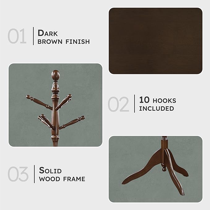 Lexicon Sturdy Solid Wood Coat Rack Stand with 10 Hanging Hooks for Hats,Scarves, Handbags, 3-Tier Wooden Coat Rack Freestanding Tree Used in Bedroom, Entryway, Hallway, Office, Dark Brown