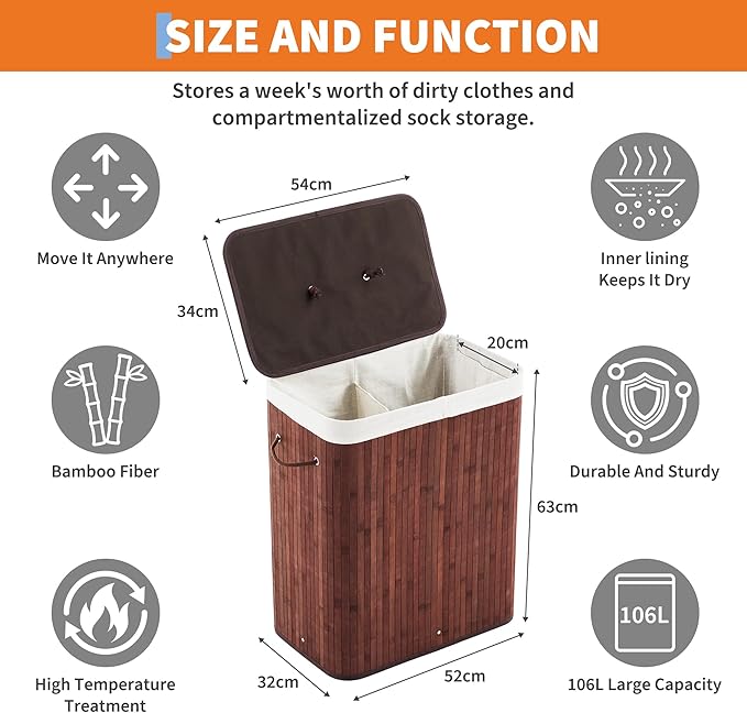 Bamboo Laundry Hamper Large 106L with Removable 4-Section Liner, Foldable Storage Basket with Lid and Handles for Bedroom, Laundry Room, Small Spaces – Brown- Rectangle