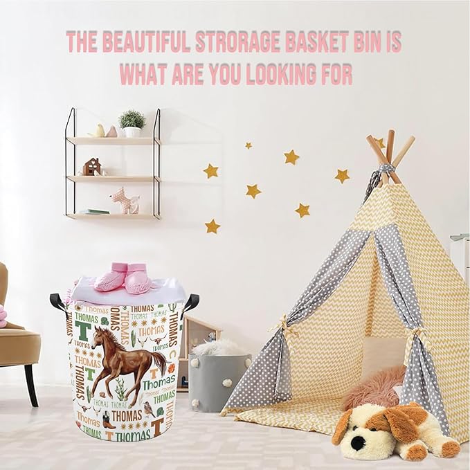 Horse Laundry Basket,Custom Laundry Hamper with Name,Personalized Horse Gifts for Boys Girls,Customize Collapsible Laundry Basket for Bedroom Bathroom,S-16.5"x 13.8"