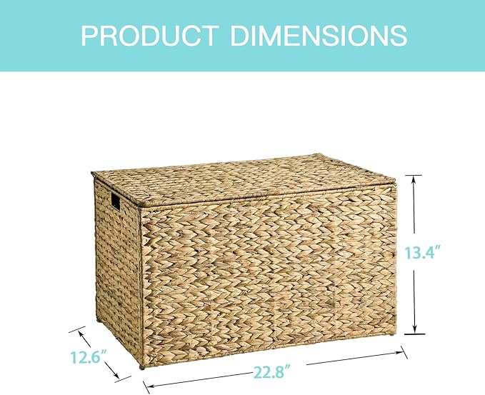 Water Hyacinth Storage Basket with Lid, 17.2 Gallon (65L) Wicker Storage Trunk with Handles, Handwoven Wicker Storage Bin for Blanket, Foldable, for Living Room, Laundry Room, Natural