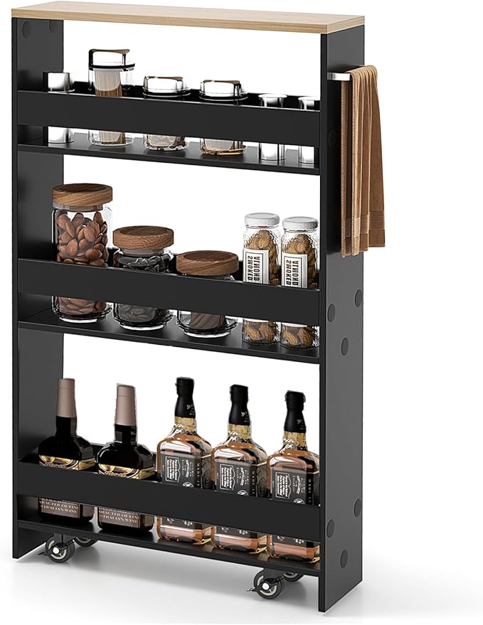 4-Tier Slim Rolling Storage Cart, Wooden Kitchen Utility Cart with Wheels & Handle, Space Saving Trolley, Slide Out Shelving Unit for Narrow Spaces, Laundry, Bathroom (Black + Natural)