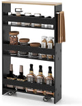4-Tier Slim Rolling Storage Cart, Wooden Kitchen Utility Cart with Wheels & Handle, Space Saving Trolley, Slide Out Shelving Unit for Narrow Spaces, Laundry, Bathroom (Black + Natural)