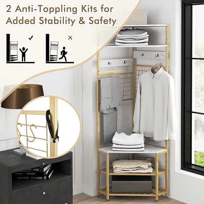 Giantex Corner Hall Tree, 73" Tall Coat Rack w/Shoe Storage Bench, 12 Metal Hooks, 5-Tier Entryway Shoes Shelf Organizer, Freestanding Clothes Rack for Living Room, Bedroom (White & Gold)