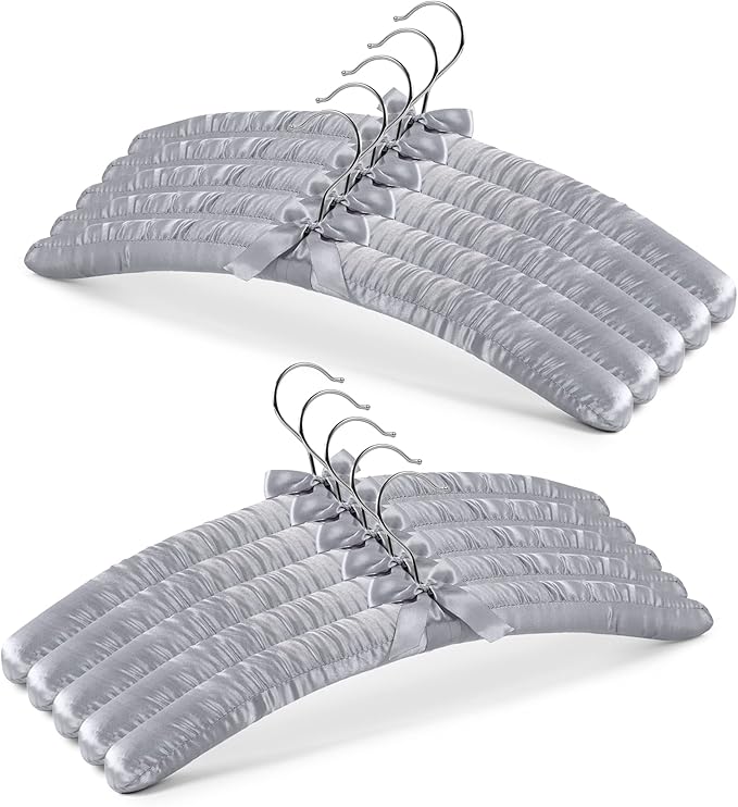 JS HANGER Padded Hanger for Sweaters - 17 Inch Extra Large Heavy Duty Satin Covered Coat Hangers No Shoulder Bump for Women Clothes, Sweaters, Dresses, Clothing, Weddings, Lingerie Pack of 10, Grey
