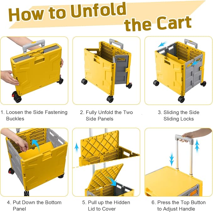 FELICON Folding Utility Cart Portable Rolling Crate Handcart with Durable Heavy Duty Plastic Telescoping Handle Collapsible Hidden Lid 4Rotate Wheels for Travel Shop Move Office Teacher(Yellow&Gray)