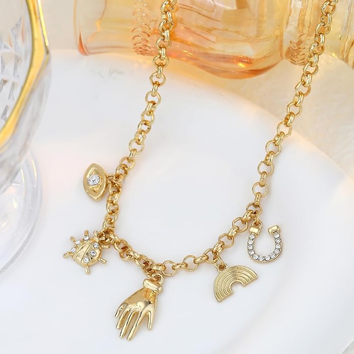 Chunky Gold Necklace for Women Gold Evil Eye Cowboy Pendant Necklace Dainty Paperclip Chain Vintage Luck Amulet Choker Necklaces Celestial Jewelry Gift