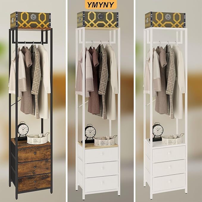 YMYNY Garment Rack, Clothes Rack with Drawers, Freestanding Tall Closet Organizer with 3 Fabric Drawers, Clothes Stand for Hanging Shirts, Coat,15.35" L×11.41" W×70.47" H Wood Color&White UHGR001R