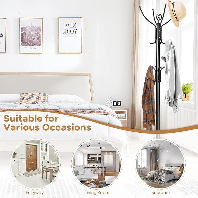 MEDIMALL Coat Rack Freestanding, Metal Hall Tree, Free Standing Coat Tree for Hat, Coat, Jacket, Umbrella, Entryway Coat Hanger Stand with Base, Black