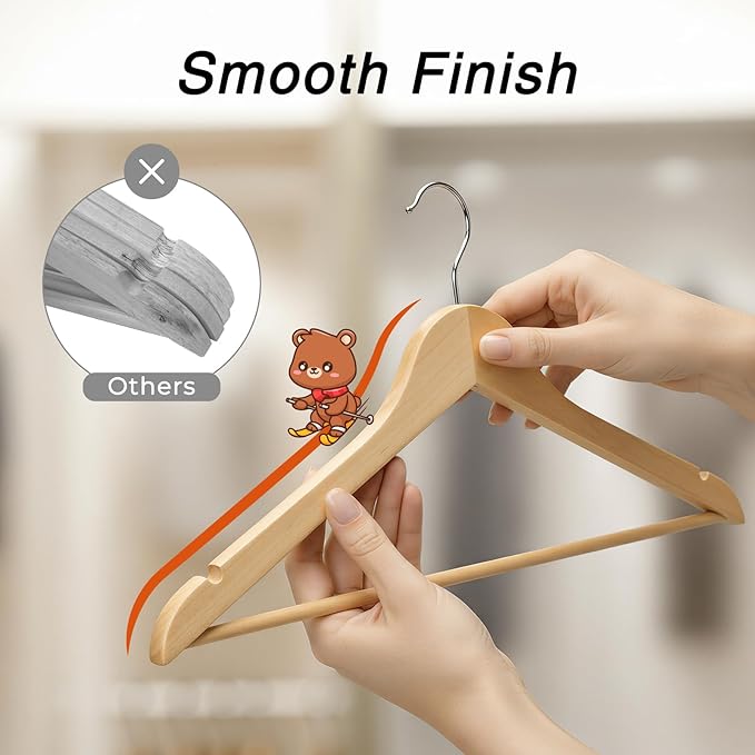 HOUSE DAY Slim Wooden Hangers 30 Pack, Solid Wood Hanger with Non Slip Shoulder Notches & Pant Bar, Smooth Finish Wood Clothes Hangers for Shirts, Suits, Jackets, Natural