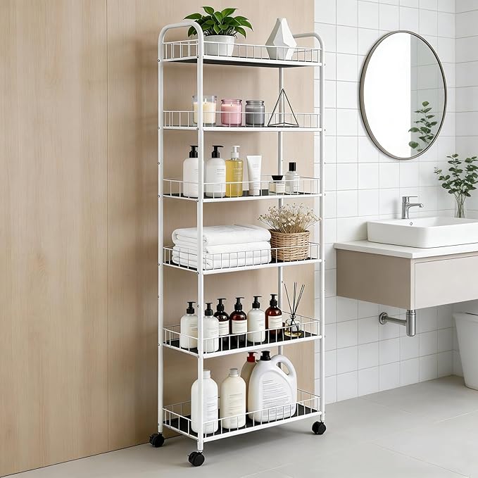 6 Tier Slim Rolling Storage Cart, Mobile Shelving Unit with Wheels, Metal Wire Storage Rack with Baskets for Kitchen Bathroom Office Laundry Narrow Piaces (10in White)