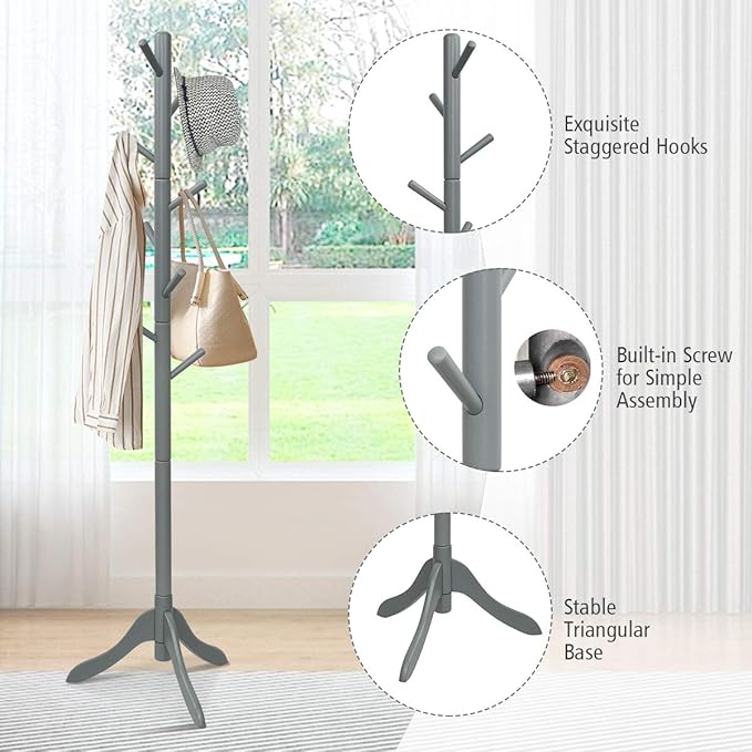 GOFLAME Coat Rack Freestanding, Wooden Entryway Coat Tree Hanger with 8 Hooks and 4 Sections, Height Adjustable Coat Stand for Home Office Hallway Entryway (Grey)