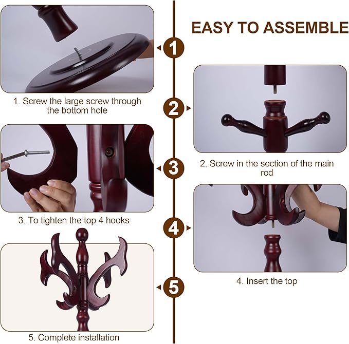 73”Vintage Wooden Coat Rack，With 14 Hooks and Sturdy Round Base.Sturdy and Durable Standing Coat Racks，Adjustable Wooden Freestanding Coat Rack for Porch，Bedrooms (Mahogany) (fishtail, 1 PCS)