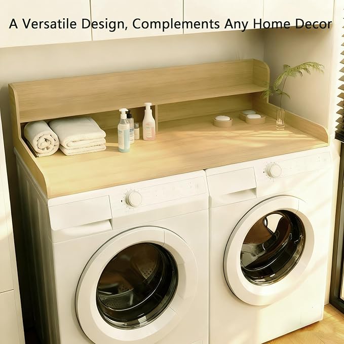 Fabuday 2-Tier Wood Washer Dryer Countertop with Shelf - Two Layers Laundry Topper for Storage & Organization, 54''x27.5''x11.9'' Counter Table with Edge Over Washing & Dryer, White Oak