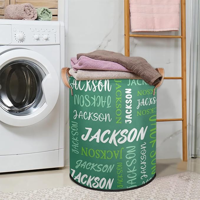 Custom Name Large Laundry-Basket for Kids-Boys-Girls, Personalized Foldable Waterproof Laundry Hamper Dirty Clothes Toys Storage Bin with Handles,Green