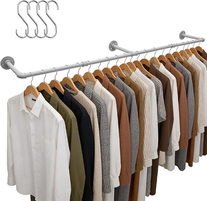 Aduanbang 65.7in Industrial Pipe Wall Mounted Clothes Rack, Heavy Duty Detachable Iron Garment Bar, Rustic Space-Saving Hanging Rod for Bedroom, Closet – Silver Gray,4 hooks