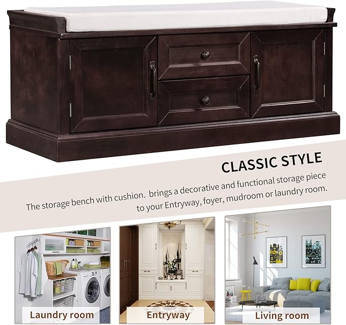 Knocbel 42.5" Entry Storage Bench with Removable Cushion, 2 Drawers and 2 Cabinets, Entryway Hallway Foyer Shoe Bench End of Bed Bench with Aluminum Handles, 200lbs Weight Capacity (Espresso)