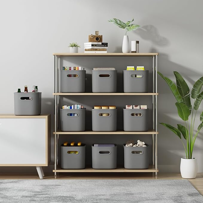 6 Pack Grey Storage Bins with Lids Stackable Storage Container for Organizing, Storage Boxes with Handle for Shelves, Cute Organizer Bins for Craft, Snacks, 9.85x6.9x5.7 inch