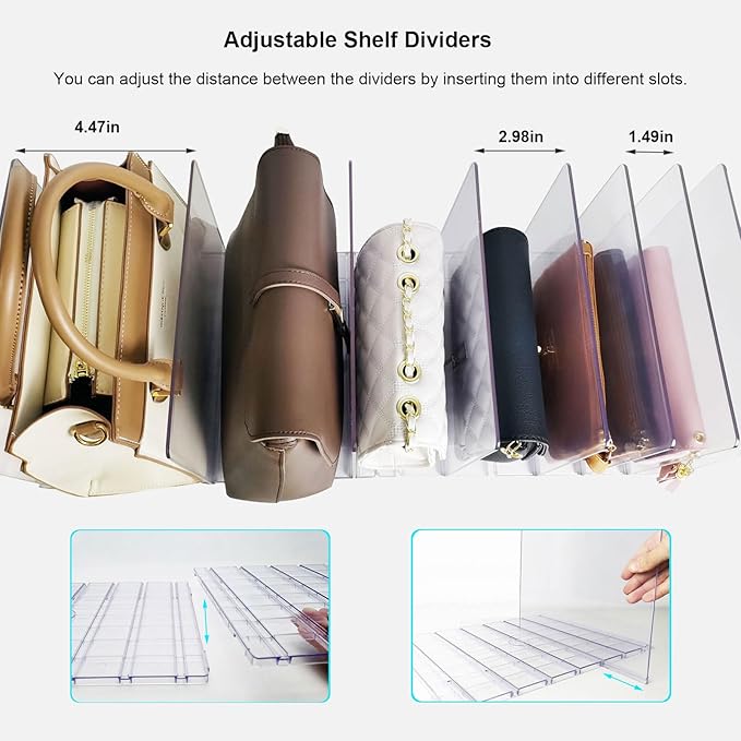 Purse Organizer for Closet, Clear Acrylic Shelf Dividers Adjustable Purse Storage Rack for Closet Handbag & Gift Bag Storage Organizer