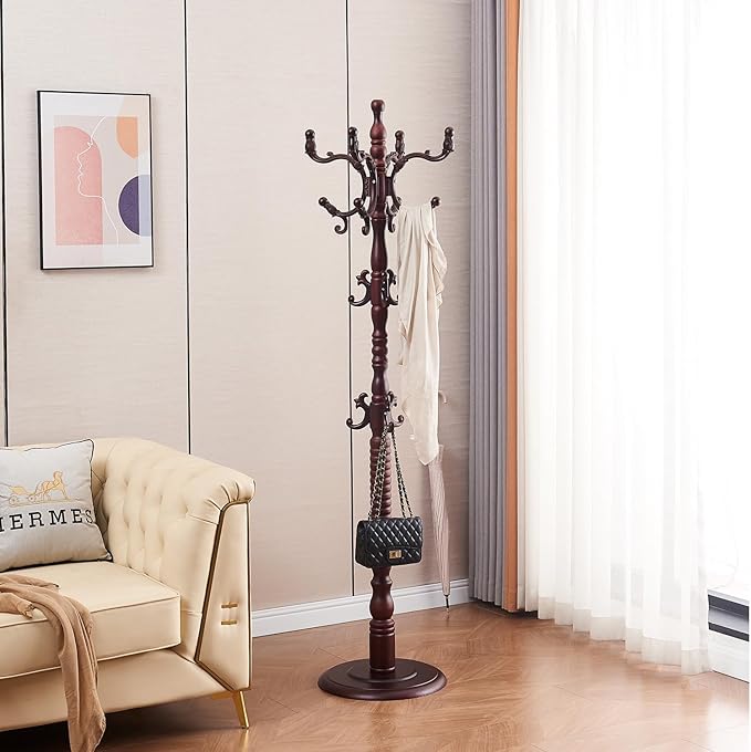 Wood Coat Rack Stand Wooden Coat Rack Freestanding Hall Coat Tree with Sturdy Round Base and 14 Hooks for Hats Bags Purses Vintage Coat Tree Hanger Stand for Entryway Hallway Bedroom, Brown
