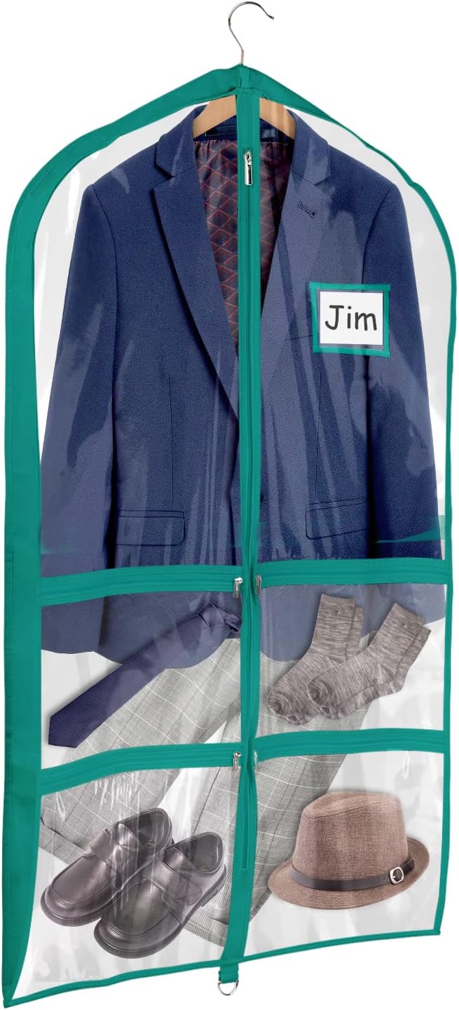 Univivi PVC Dance Costume Garment Bag - 40 Inch, Blue-green, 4 Medium Clear Zipper Pockets, 1 Large Back Zippered Pocket (1 Pack)