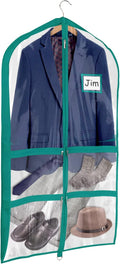 Univivi PVC Dance Costume Garment Bag - 40 Inch, Blue-green, 4 Medium Clear Zipper Pockets, 1 Large Back Zippered Pocket (1 Pack)