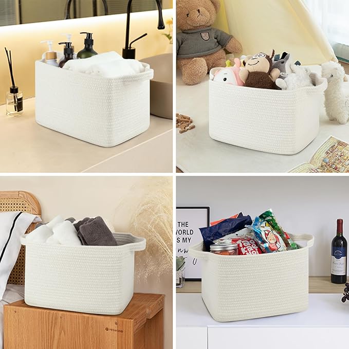 Storage Basket for Organizing, Woven Baskets for Storage, Rectangle Decorative Baskets for Shleves, Closet, Toys, Books, Nursery Organizer Bins - Pack of 3 (White, 13"x9.85"x8.7")