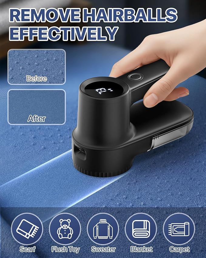 Rechargeable Fabric Shaver Lint Remover : 3-Speeds Sweater Shaver with LED Display & LED Light, Electric Lint Shaver for Clothing & Furniture, 3 Extra Blades, Type-C Fast Charging Port - Black