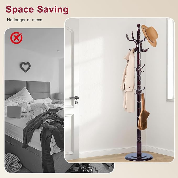 Wood Coat Rack Freestanding with 14 Hooks, 73 Inches Adjustable Height Coat Rack Stand, Vintage Hall Tree Coat Racks with Stable Round Base for Entryway, Bedroom (Solid Wood Fenghuang Gou)
