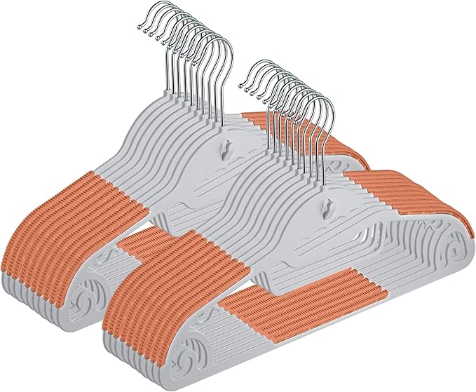 Hangers, Non-Slip, Clothes Hangers, 20 Pieces, Ultra Thin, Multi-Functional Storage, No Stretch Collar, Space Saving, 360 Degree Swivel Hook, Bendable, Load Capacity, Dry & Wet Use, Orange