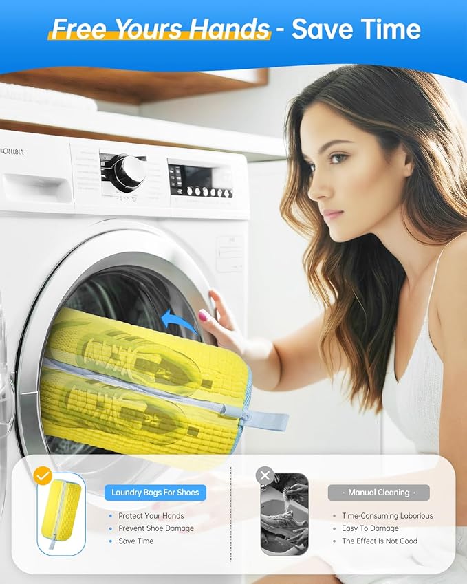 Shoe Washing Machine Bag – Reusable Laundry Shoe Bag for Washer and Dryer, Durable Chenille Microfiber with 360° Cleaning, Hidden Zipper Design for Sneakers, Tennis Shoes, Yellow