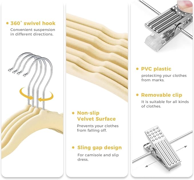 VECELO Premium Velvet Clothes Hangers Suit with Metal Clips (20 Pack)-Non Slip & Space-Saving with 1 Magic Hangers & 2 Tie Rack Excellent for Men and Women