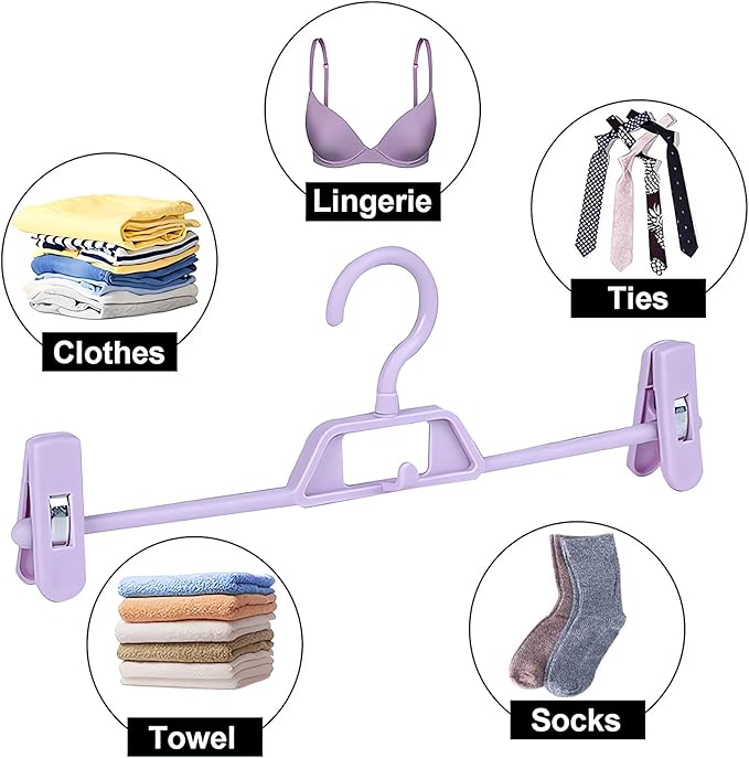 Plastic Pant Hangers with Clips, 10 Pcs Pants Hangers with 360°Rotating & Adjustable Clips, Stackable Clothes Hanger for Skirt, Closet Organizer and Storage | Space Saving (Purple)