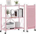ALANNG Heavy Duty 3-Tier Folding Shelf with Wheels, No Tools Assembly Metal Storage Rack Cart for Kitchen, Pantry, Laundry Room, Garage, Pink