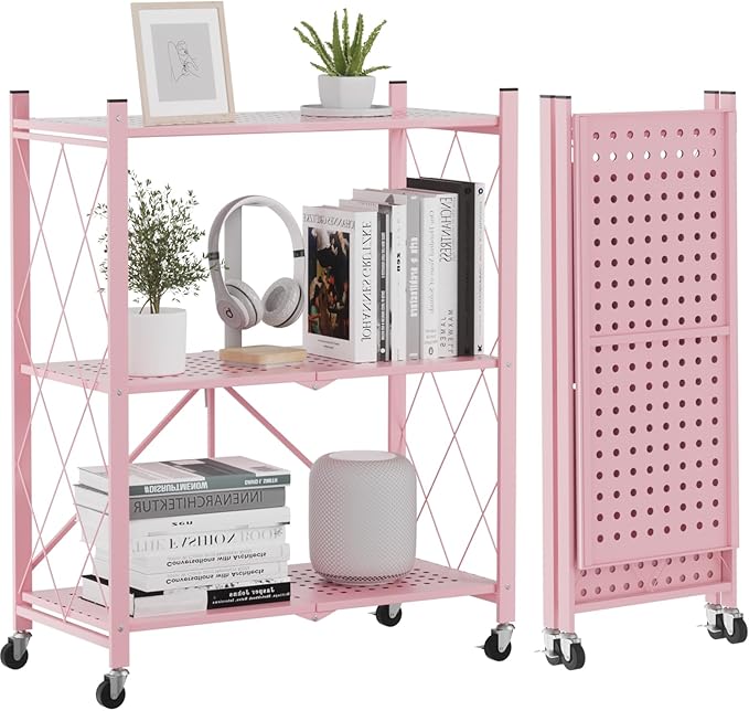 ALANNG Heavy Duty 3-Tier Folding Shelf with Wheels, No Tools Assembly Metal Storage Rack Cart for Kitchen, Pantry, Laundry Room, Garage, Pink
