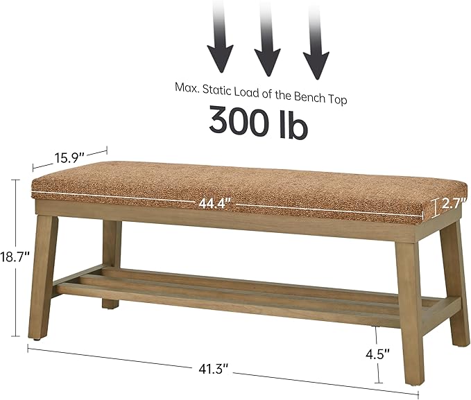 VKNOW Entryway Bench, 44.4" Upholstered Storage Shoe Bench for Entryway & Bedroom, Shoe Rack Bench with Rubberwood Legs, Modern End of Bed Bench for Living Room and Hallway, Orange