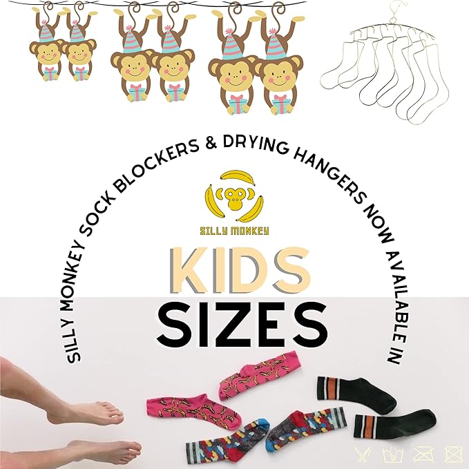 SILLY MONKEY Junior Kids Size Sock Blockers and Laundry Drying Hanger Rack Stainless Steel, Complete with 3 Pairs of Small Medium Large Sock Blockers for Fast Drying and Displaying Hand Knitted Socks