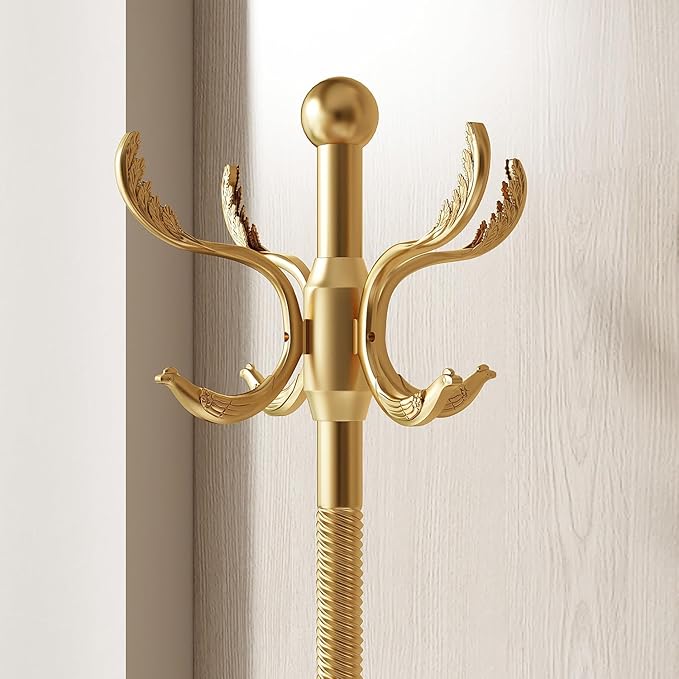 Metal Coat Rack Stand Coat Rack Freestanding with 12 Hooks Sturdy Heavy Duty Modern Coats Tree for Bags Clothes Hall Tree Hats Hanger Holder Stand for Entryway Bedroom Hallway Office, Gold
