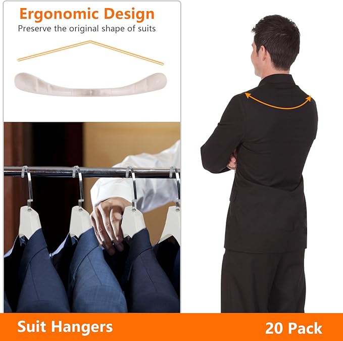 DEDU Suit Hangers for Men 15 Pack Width 17.7", Ivory White Coat Hangers no Shoulder Bump Non Slip for Thick Sweaters, Plastic Extra Wide Shoulder with Pants Bar & Metal Hook