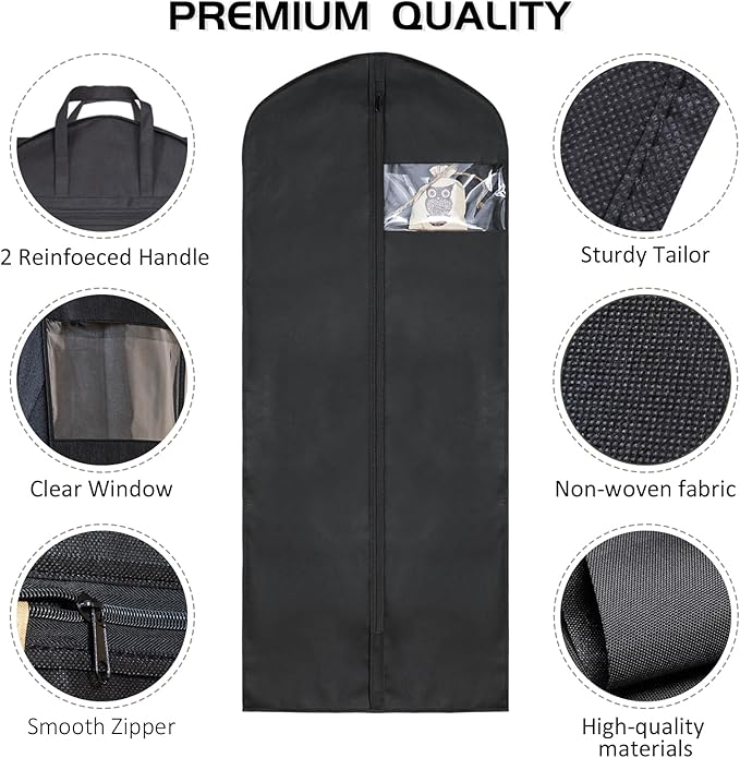 2 Pack 60"Garment Bags for Suits and Coats Lightweight Foldable with Travel Handle, Closet Storage and Travel-Friendly with Transparent Inner Bag Set, Black