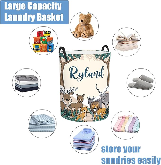 Personalized Baby Boys Laundry Hamper for Nursery, Custom Name Woodland Animals Laundry Baskets for Toddler Kids Adults, Personalized Gift Baby Name Laundry Hamper with Handles