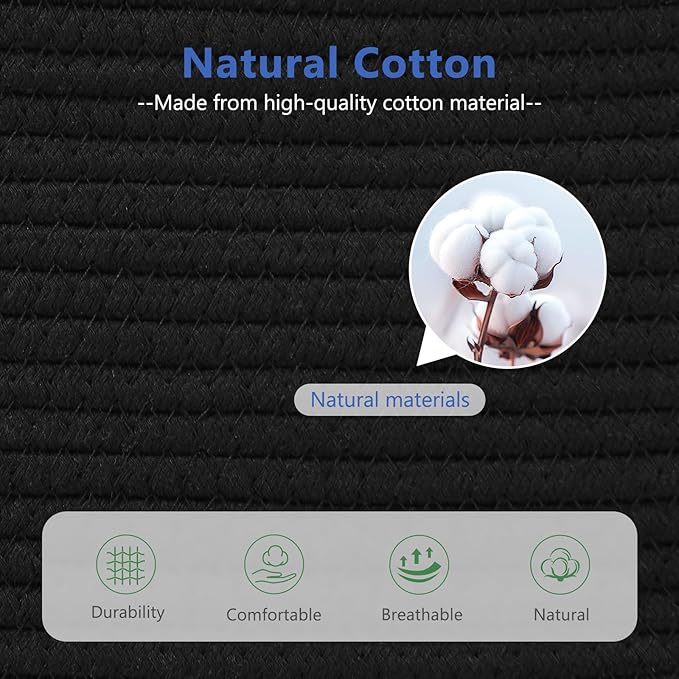 Cotton Rope Basket, Storage Baskets with Handle, 15x10x9 Inch Woven Basket for Shelves, Laundry, Towels, Clothes, Books (Black 2Pack)
