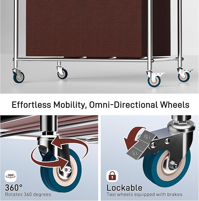 Commercial Laundry Cart with Wheels, 400L Heavy Duty Laundry Cart on Wheels for Home & Hotel, Waterproof Oxford, Sturdy Steel Frame, Easy to Install(Brown)