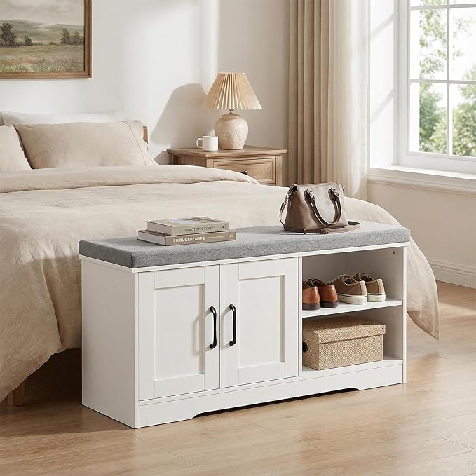 Storage Bench, 39.4" Wide Shoe Bench with Padded Seat Cushion, Entryway Bench with 2 Doors and Adjustable Shelf, End of Bed Bench, for Hallway, Bedroom, White and Gray BSWT1201