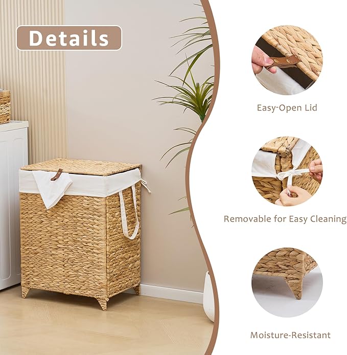 Handwoven Laundry Hamper with Lid, Natural Hyacinth Heightened Feet Laundry Basket, Wicker Clothes Hamper with Removable Liner Bag (Natural-A, 90L)