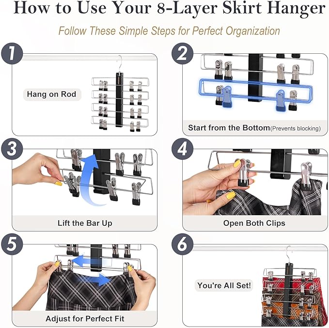 HOUSE DAY Skirt Hangers Space Saving 1 Pack, Double Row 4-Tier Non-Slip Hangers with Clips for Skirts, Shorts, and Pants - Lotus Wood Clip Hanger for Women - Closet Organizers and Storage (Black)