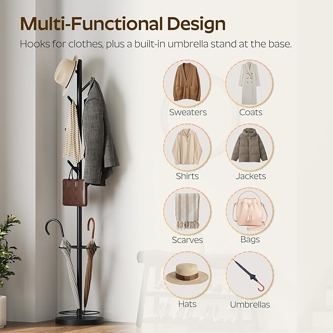 Coat Rack Freestanding, Coat Rack Stand with Umbrella Holder, Heavy Duty Coat Tree for Entryway, Modern Clothing Rack for Hats, Bags, Metal Coat Hanger Stand for Bedroom, Office, Black YM03BB