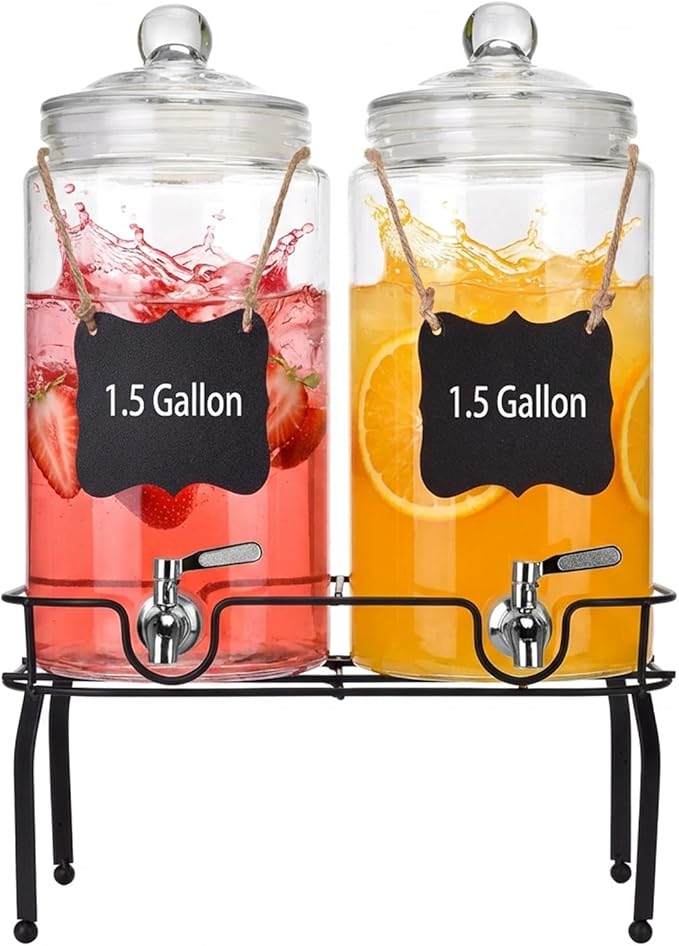 1.5 Gallon Glass Drink Dispenser Set of 2, Drink Dispensers for Parties, Beverage Dispenser with Stand and Glass Lid, 100% Leakproof Spigot, Ideal for Lemonade, Juice, Laundry Detergent
