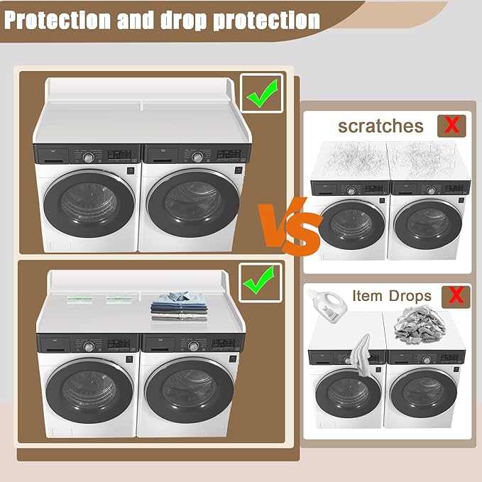 2-Tier Washer and Dryer Countertop, Wooden Washer Dryer Countertop, 27.5" Depth X 54" Laundry Countertop Over Washer and Dryer for Folding Clothes Over Washer and Dryer (White)